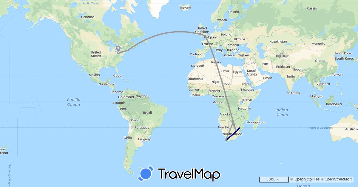 TravelMap itinerary: driving, plane in Botswana, United Kingdom, United States, South Africa, Zimbabwe (Africa, Europe, North America)